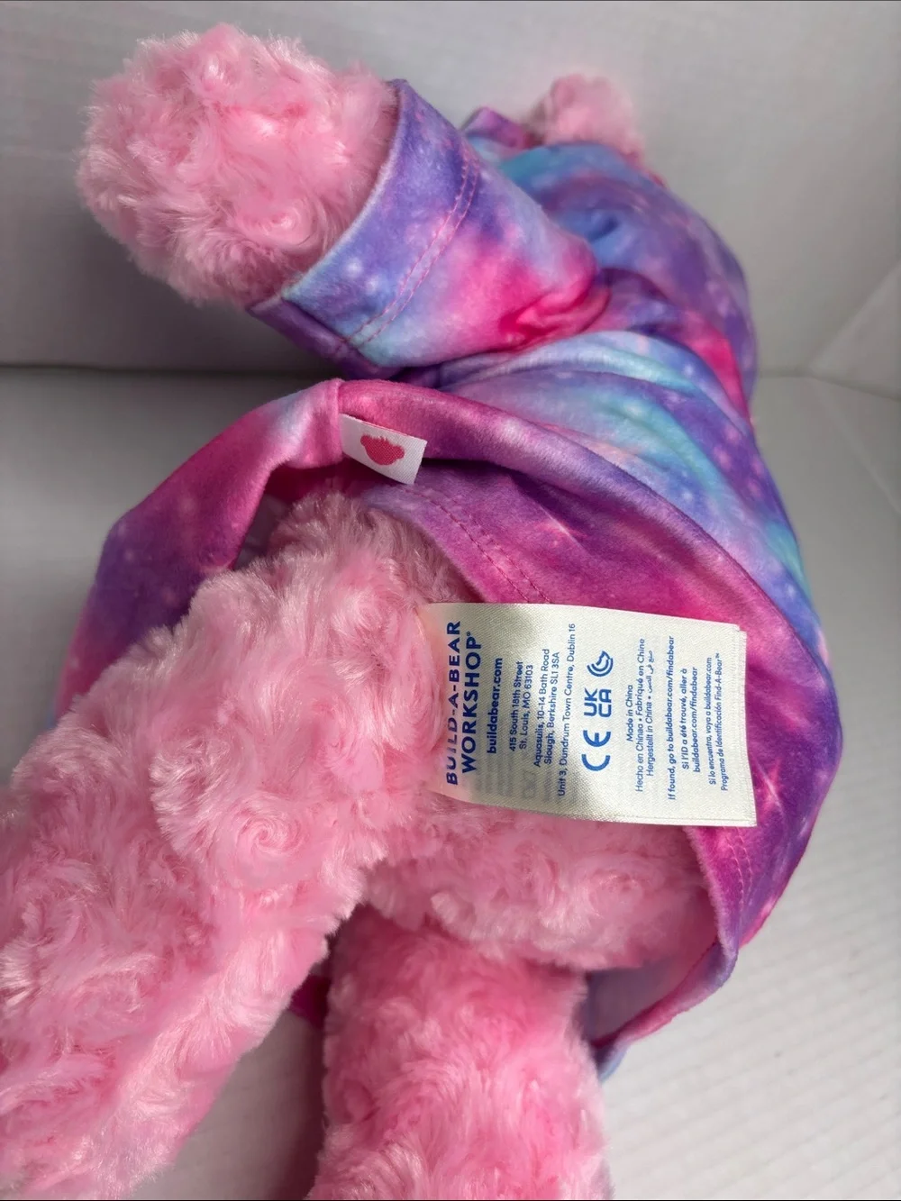 Build-A-Bear Pink heart nose  Bear in Rainbow Unicorn robe. New